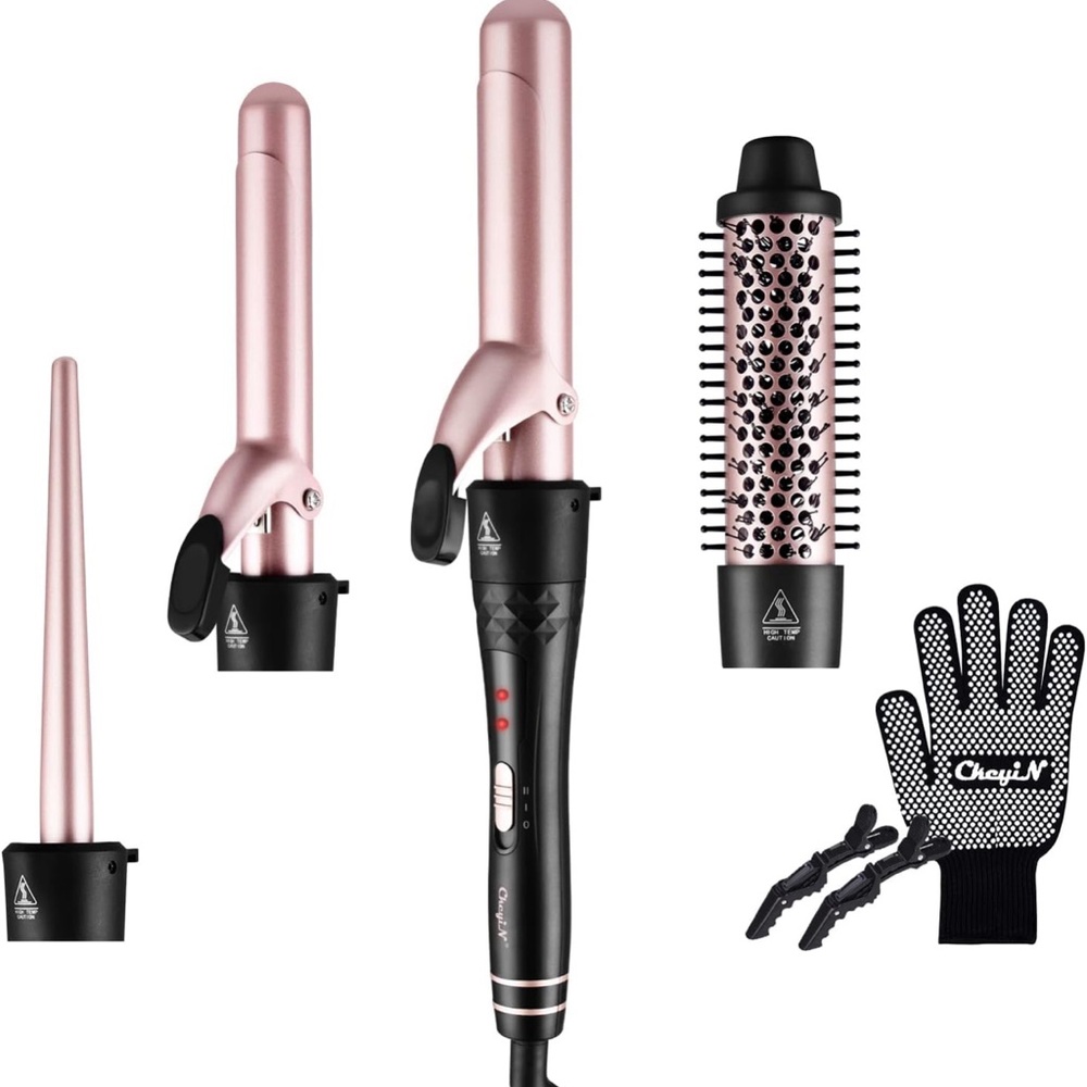 4 in 1 Curling Wand Set, Curling Iron with Curling Brush and 3 Interchangeable